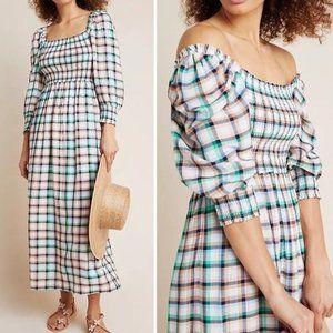 Anthropologie Maeve Plaid Cerie Smocked Midi Dress